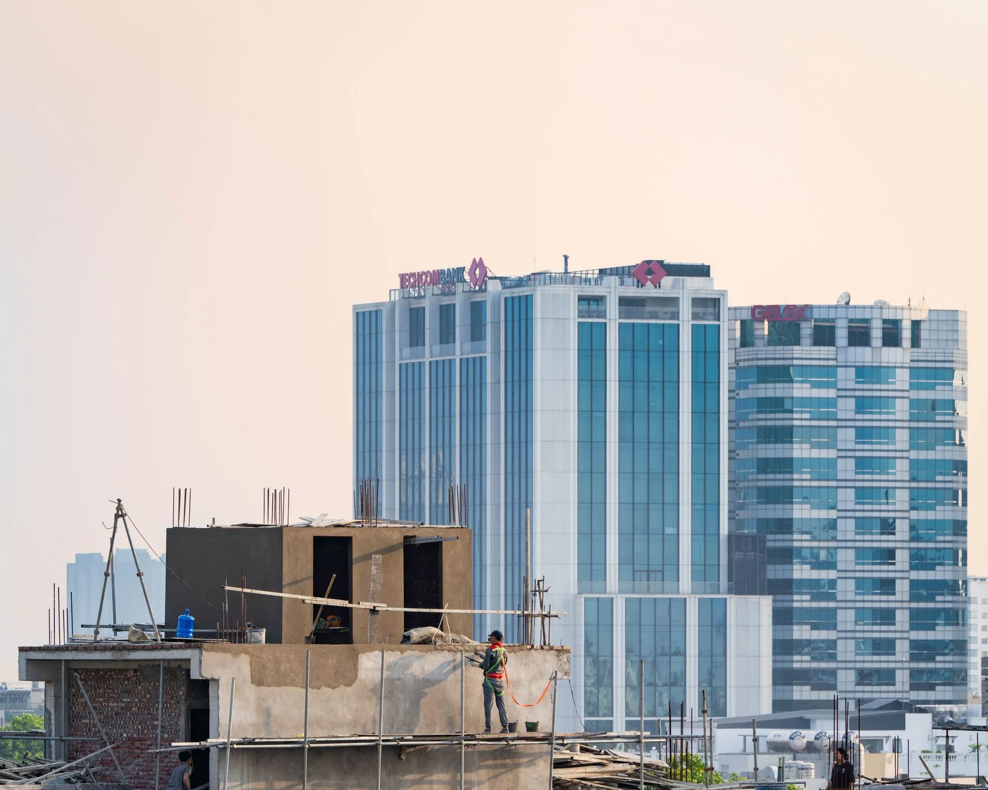 Construction works and scaffolding beside office buildings