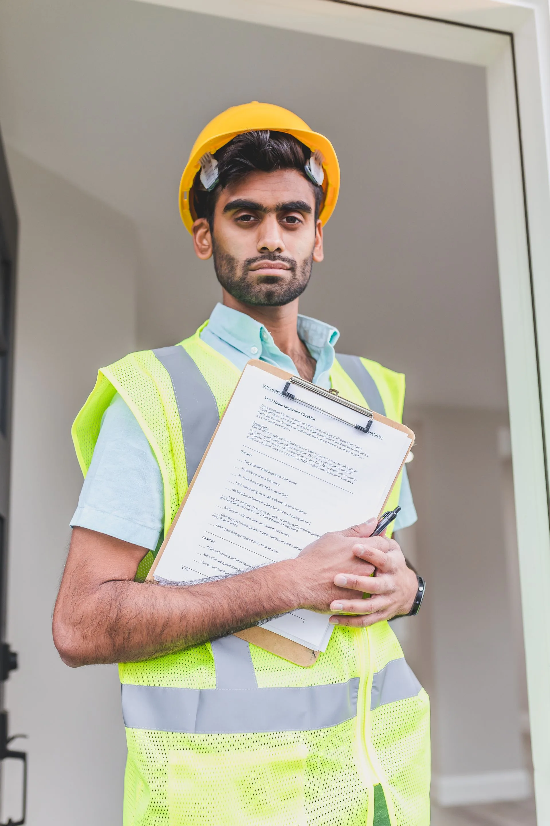 Site professional wearing a hard hat and holding an inspection clipboard